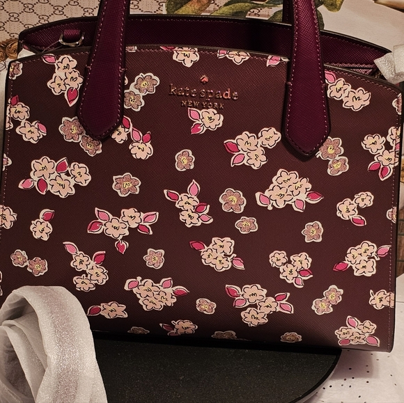 Kate Spade Tinsel Frosted Floral Deep Berry Satchel/Crossbody Bag - Picture 3 of 14